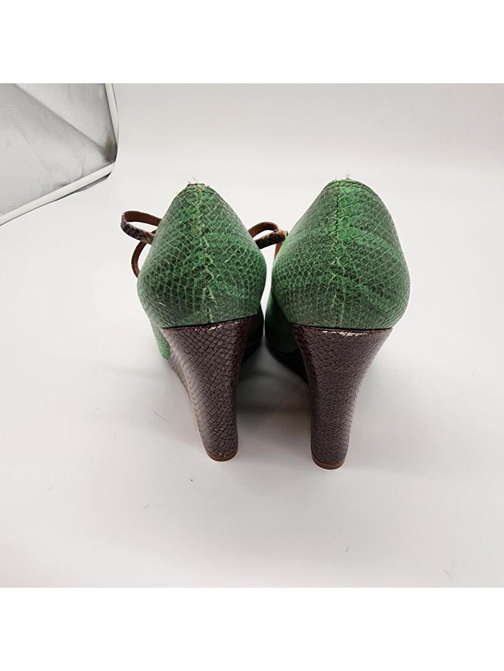 Wedge Schutz green and brown strappy snakeprint textured heels  41 10 - Picture 4 of 9